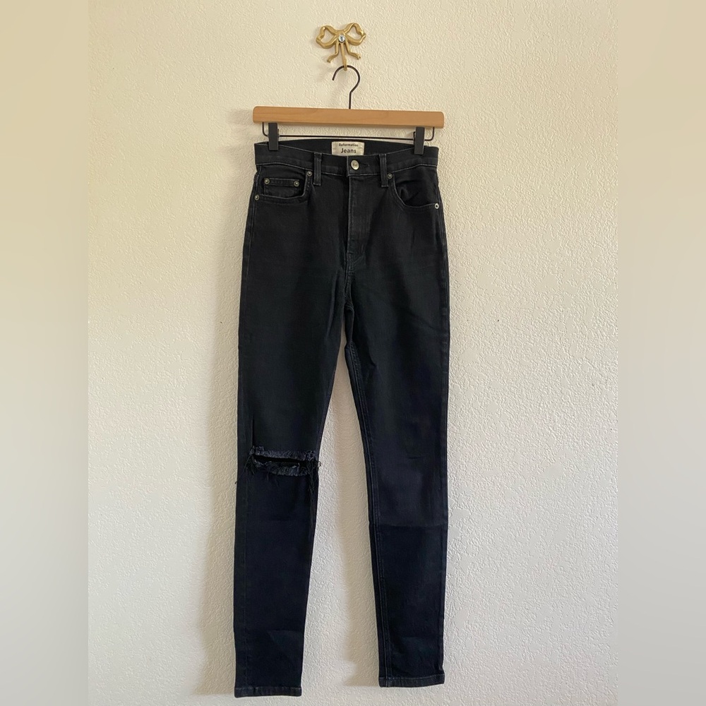 Reformation High & Skinny Jeans in Faded Black Destroyed Size 25 90s Grunge Y2K